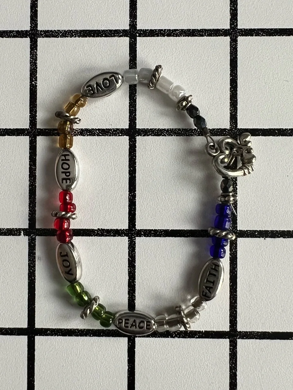 Vintage Faith Hope Love Peace Joy Word Charm Bracelet Silvertone Rainbow